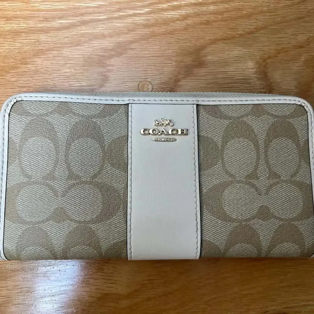 Coach Signature Coated Canvas Accordion Zip Around Wallet Beige Chalk